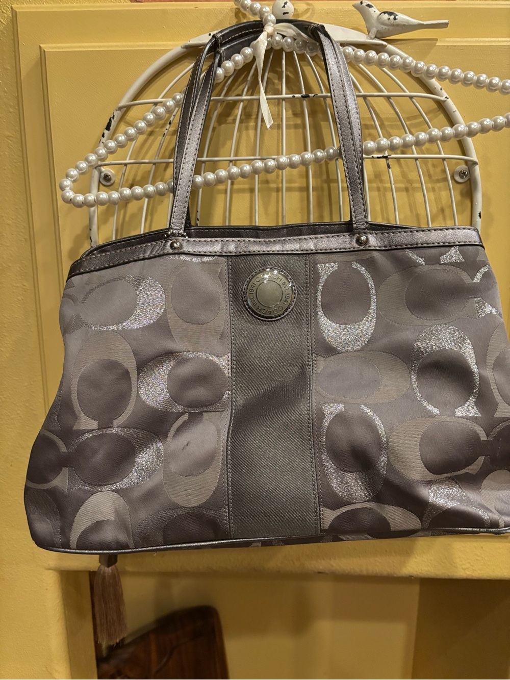 Coach Gray Signature Tote with Metallic Accents